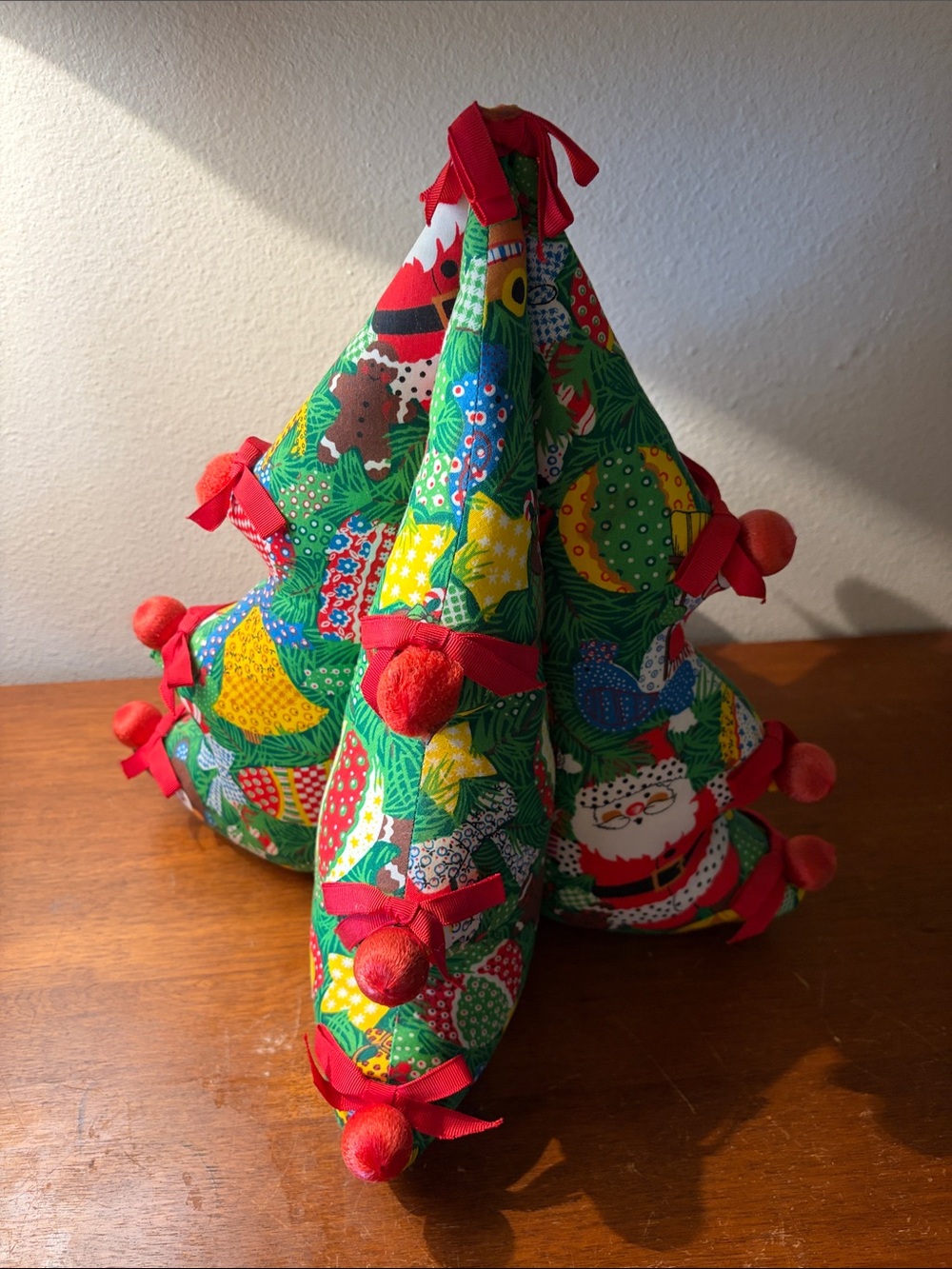 Holiday Fabric Christmas Tree Trio with Red Pom-Pom Accents